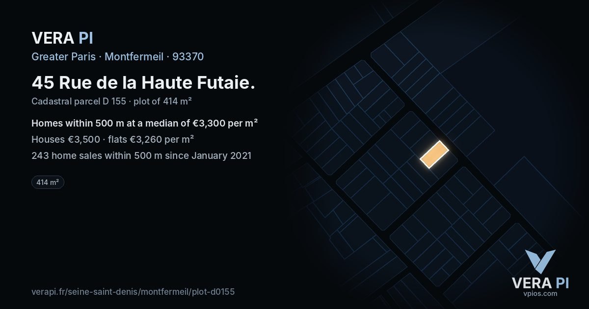 45 Rue de la Haute Futaie, Montfermeil at night – the plot lit, the parcels around coloured by the prices near them