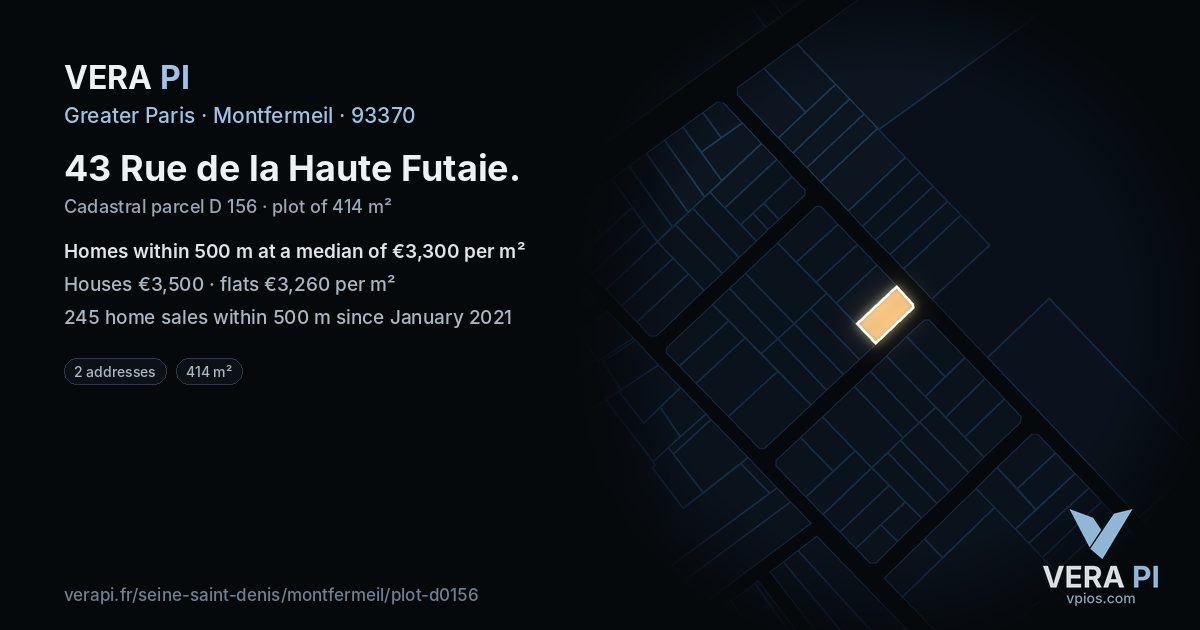 43 Rue de la Haute Futaie, Montfermeil at night – the plot lit, the parcels around coloured by the prices near them