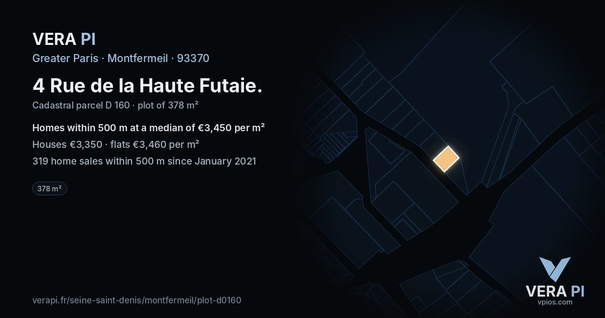 4 Rue de la Haute Futaie, Montfermeil at night – the plot lit, the parcels around coloured by the prices near them