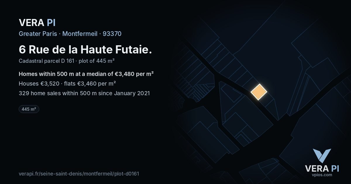 6 Rue de la Haute Futaie, Montfermeil at night – the plot lit, the parcels around coloured by the prices near them