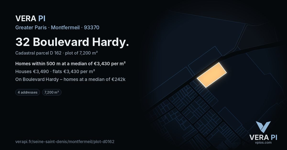 32 Boulevard Hardy, Montfermeil at night – the plot lit, the parcels around coloured by the prices near them
