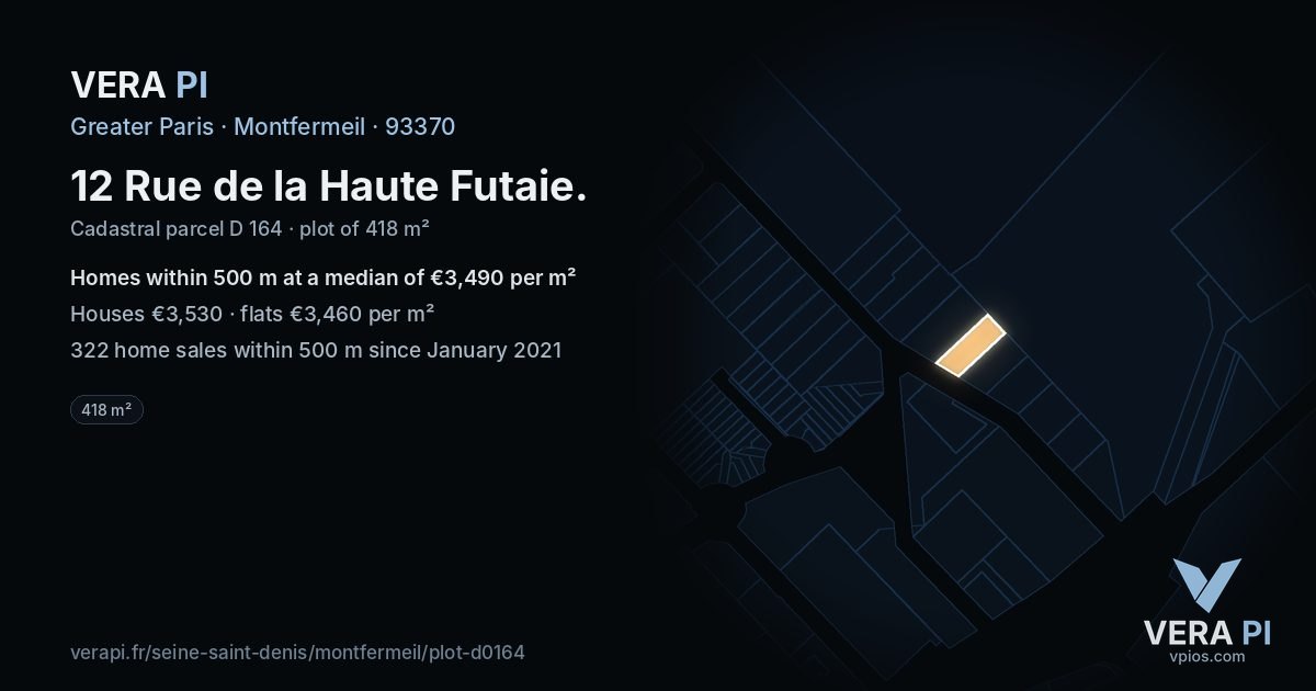 12 Rue de la Haute Futaie, Montfermeil at night – the plot lit, the parcels around coloured by the prices near them