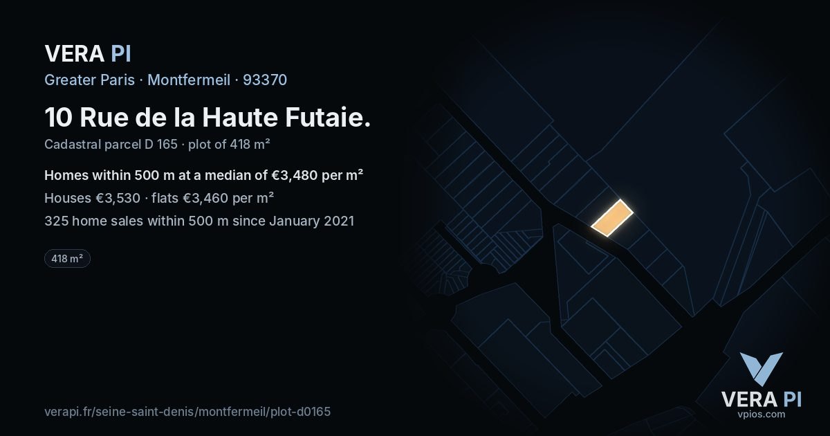 10 Rue de la Haute Futaie, Montfermeil at night – the plot lit, the parcels around coloured by the prices near them