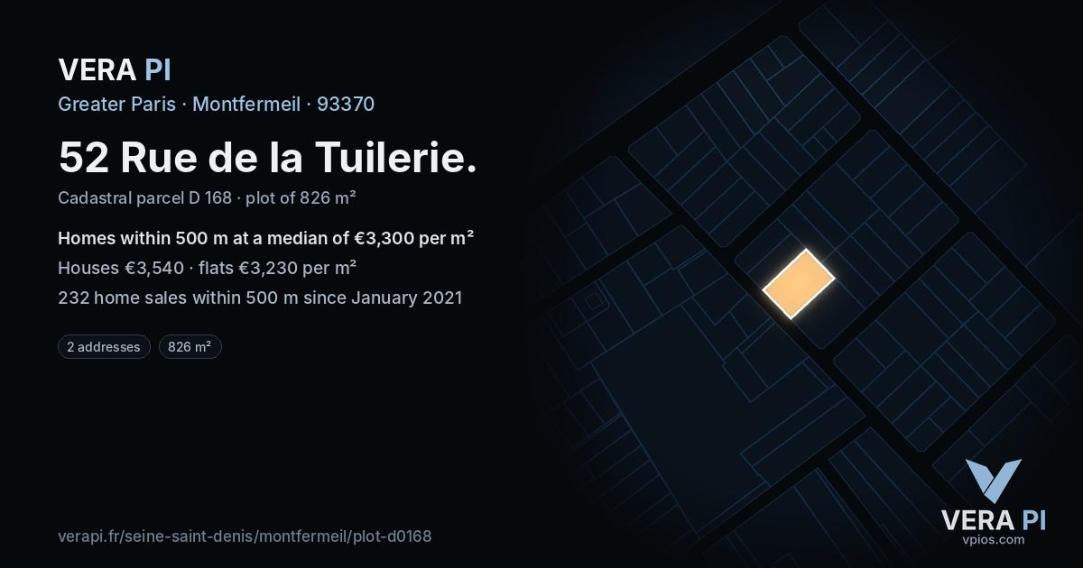 52 Rue de la Tuilerie, Montfermeil at night – the plot lit, the parcels around coloured by the prices near them