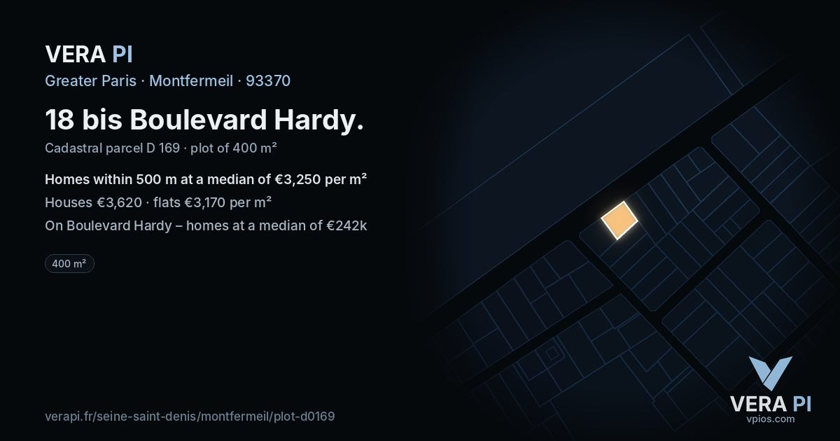 18 bis Boulevard Hardy, Montfermeil at night – the plot lit, the parcels around coloured by the prices near them