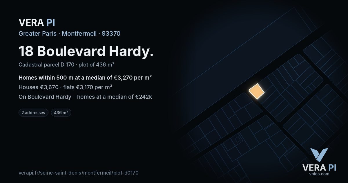 18 Boulevard Hardy, Montfermeil at night – the plot lit, the parcels around coloured by the prices near them