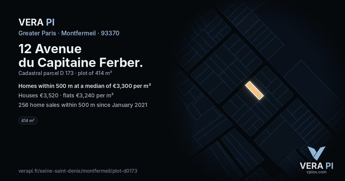 12 Avenue du Capitaine Ferber, Montfermeil at night – the plot lit, the parcels around coloured by the prices near them