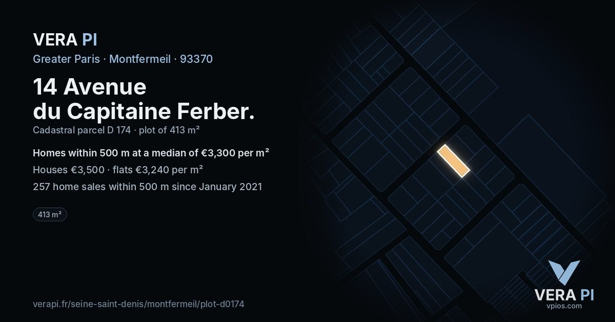 14 Avenue du Capitaine Ferber, Montfermeil at night – the plot lit, the parcels around coloured by the prices near them