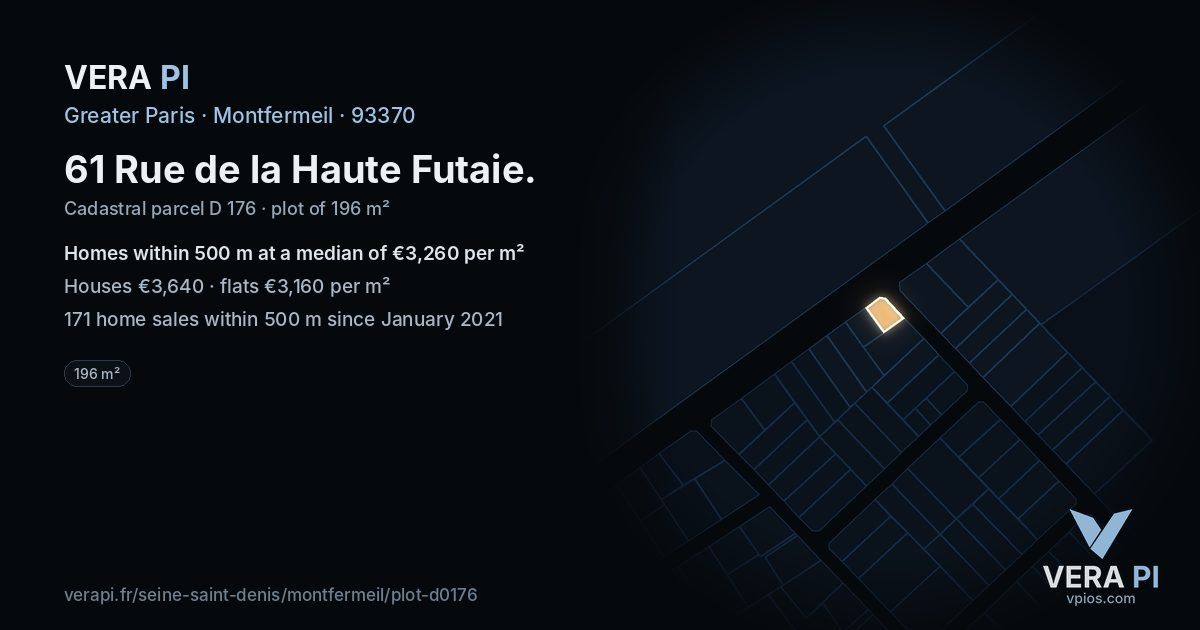 61 Rue de la Haute Futaie, Montfermeil at night – the plot lit, the parcels around coloured by the prices near them