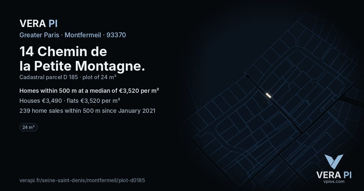 14 Chemin de la Petite Montagne, Montfermeil at night – the plot lit, the parcels around coloured by the prices near them