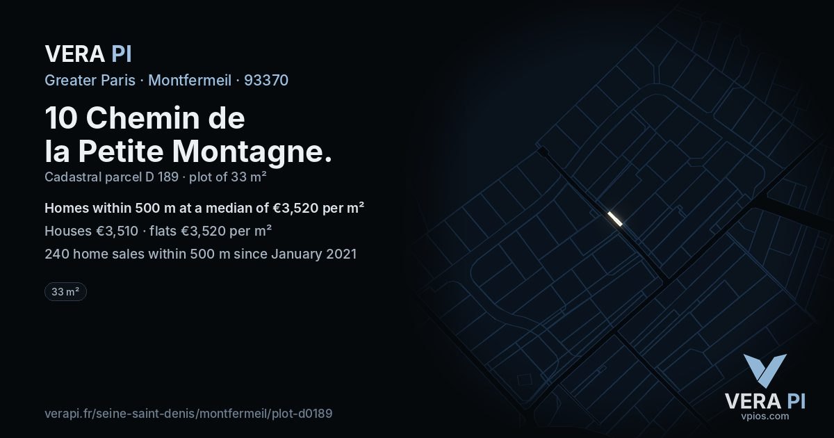 10 Chemin de la Petite Montagne, Montfermeil at night – the plot lit, the parcels around coloured by the prices near them