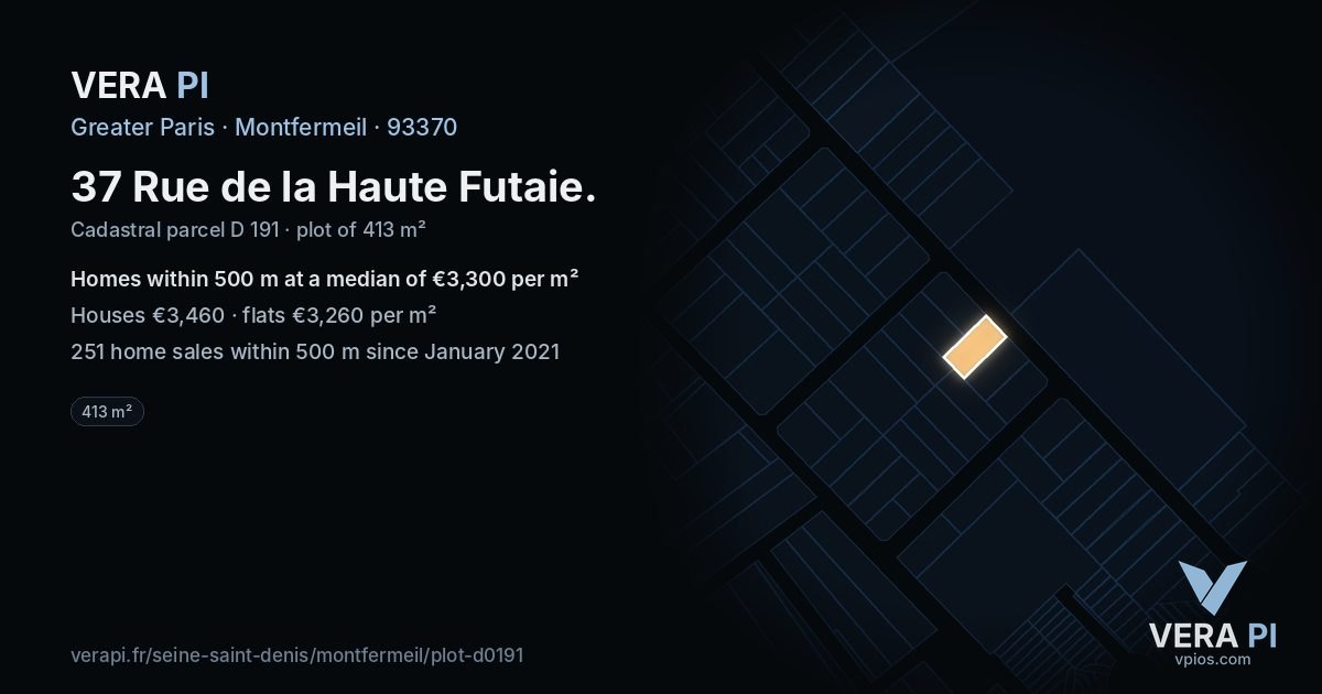 37 Rue de la Haute Futaie, Montfermeil at night – the plot lit, the parcels around coloured by the prices near them