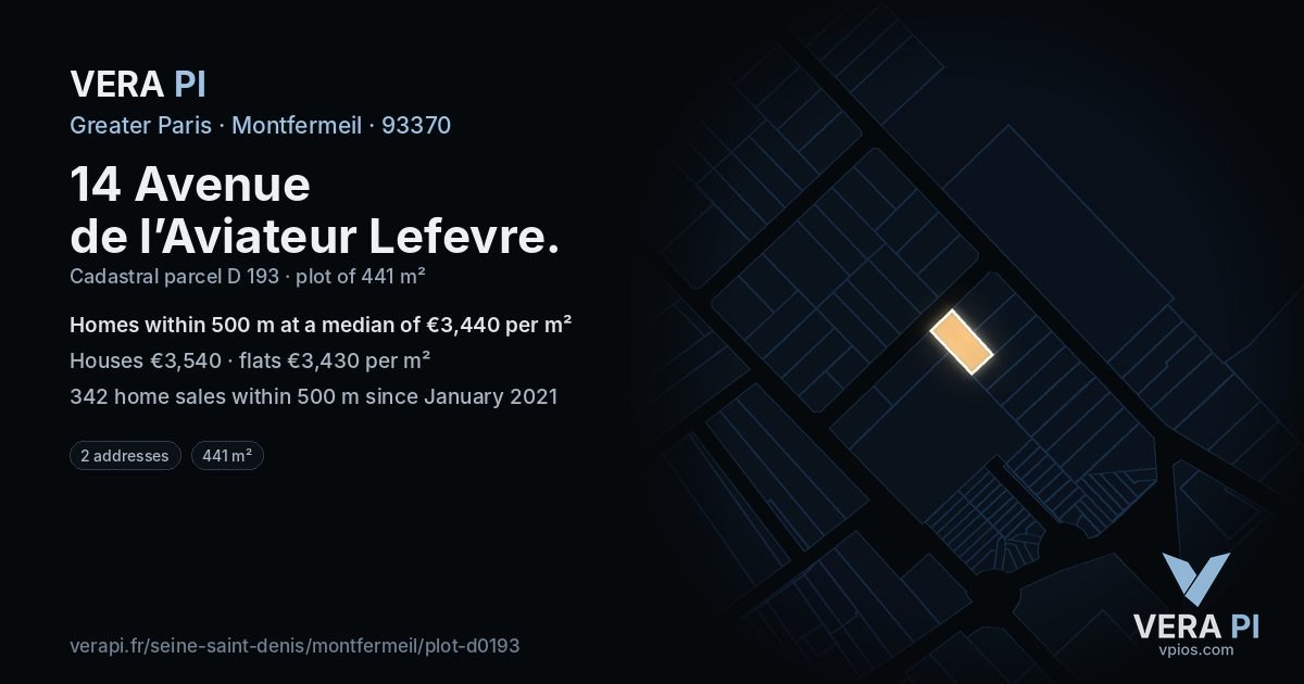 14 Avenue de l’Aviateur Lefevre, Montfermeil at night – the plot lit, the parcels around coloured by the prices near them