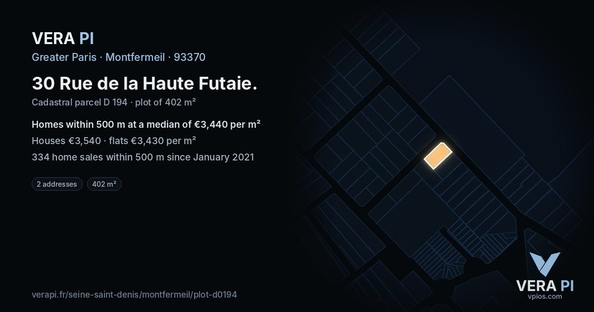 30 Rue de la Haute Futaie, Montfermeil at night – the plot lit, the parcels around coloured by the prices near them