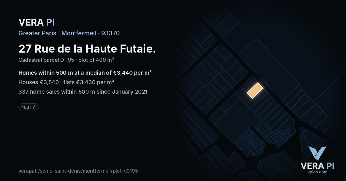 27 Rue de la Haute Futaie, Montfermeil at night – the plot lit, the parcels around coloured by the prices near them