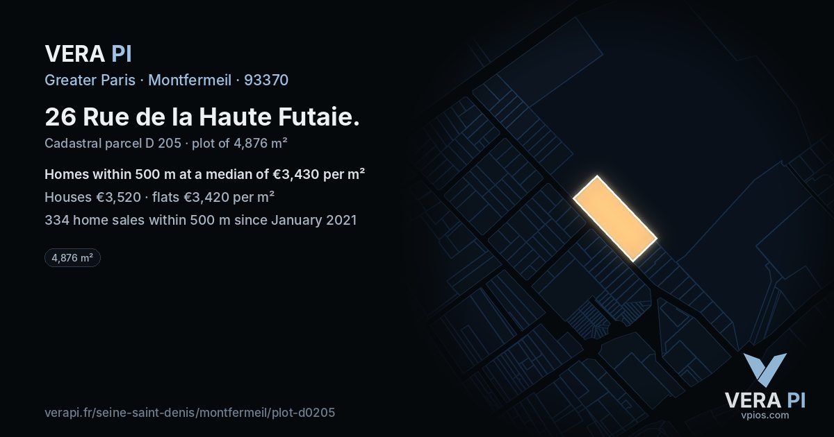 26 Rue de la Haute Futaie, Montfermeil at night – the plot lit, the parcels around coloured by the prices near them