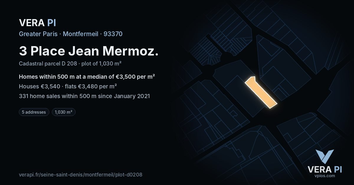 3 Place Jean Mermoz, Montfermeil at night – the plot lit, the parcels around coloured by the prices near them