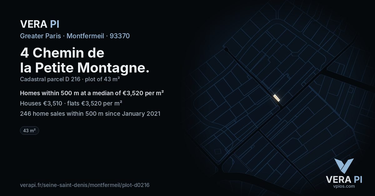 4 Chemin de la Petite Montagne, Montfermeil at night – the plot lit, the parcels around coloured by the prices near them