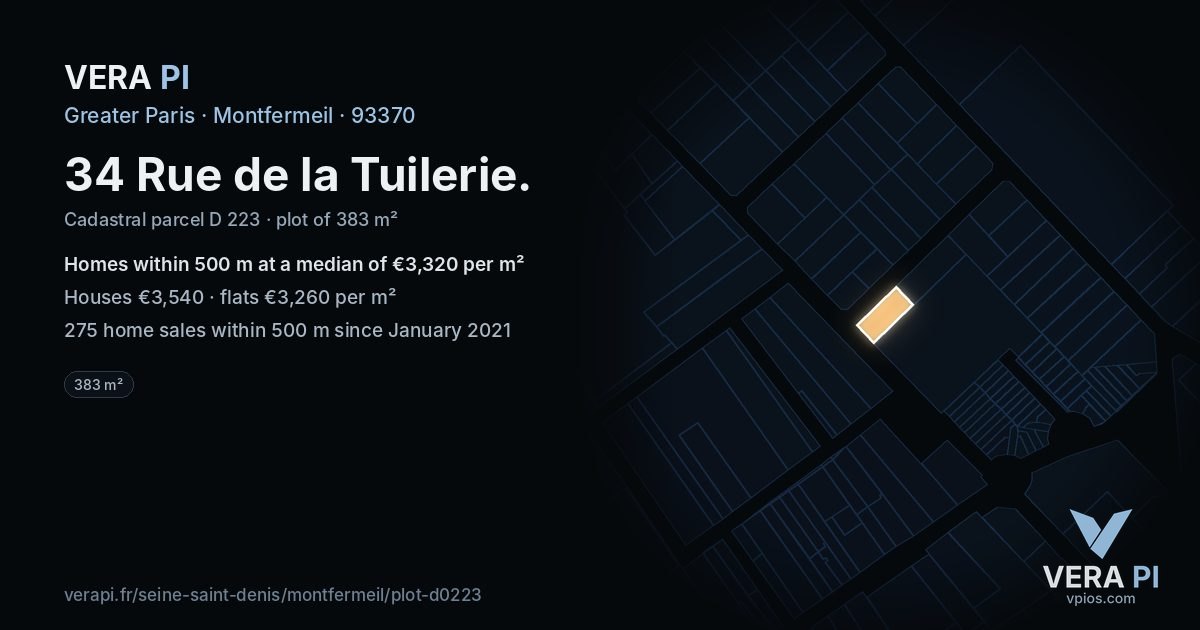 34 Rue de la Tuilerie, Montfermeil at night – the plot lit, the parcels around coloured by the prices near them