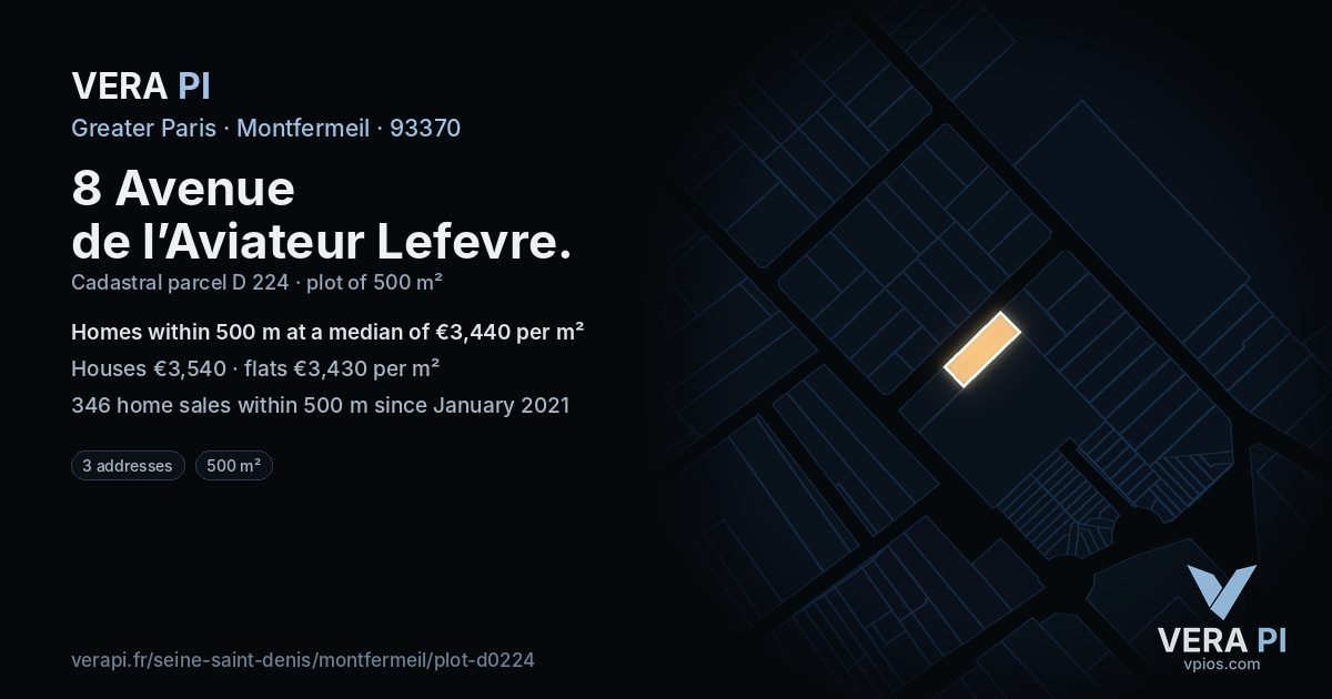 8 Avenue de l’Aviateur Lefevre, Montfermeil at night – the plot lit, the parcels around coloured by the prices near them