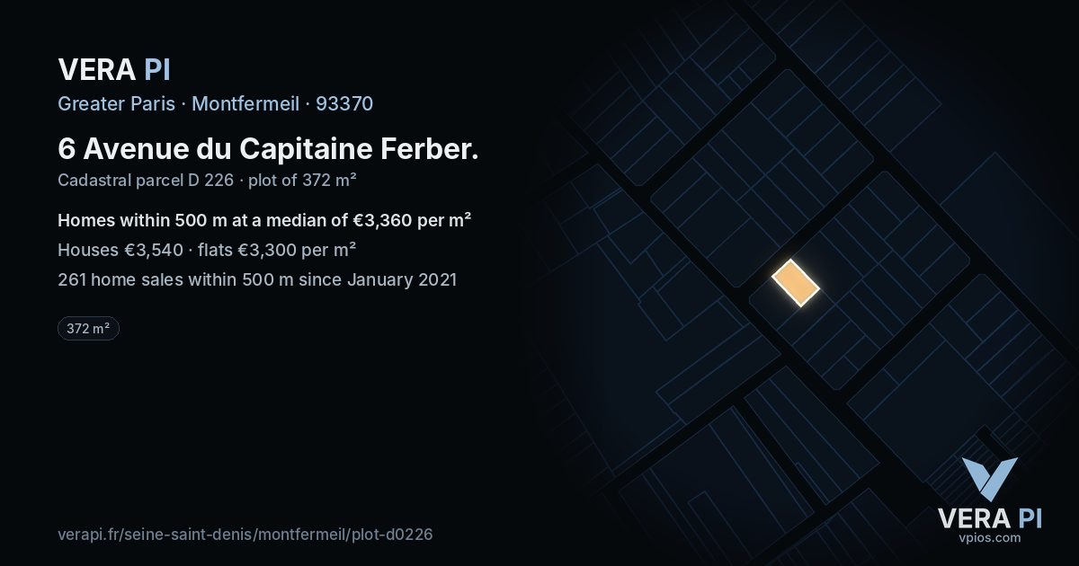 6 Avenue du Capitaine Ferber, Montfermeil at night – the plot lit, the parcels around coloured by the prices near them