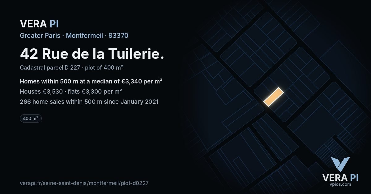 42 Rue de la Tuilerie, Montfermeil at night – the plot lit, the parcels around coloured by the prices near them