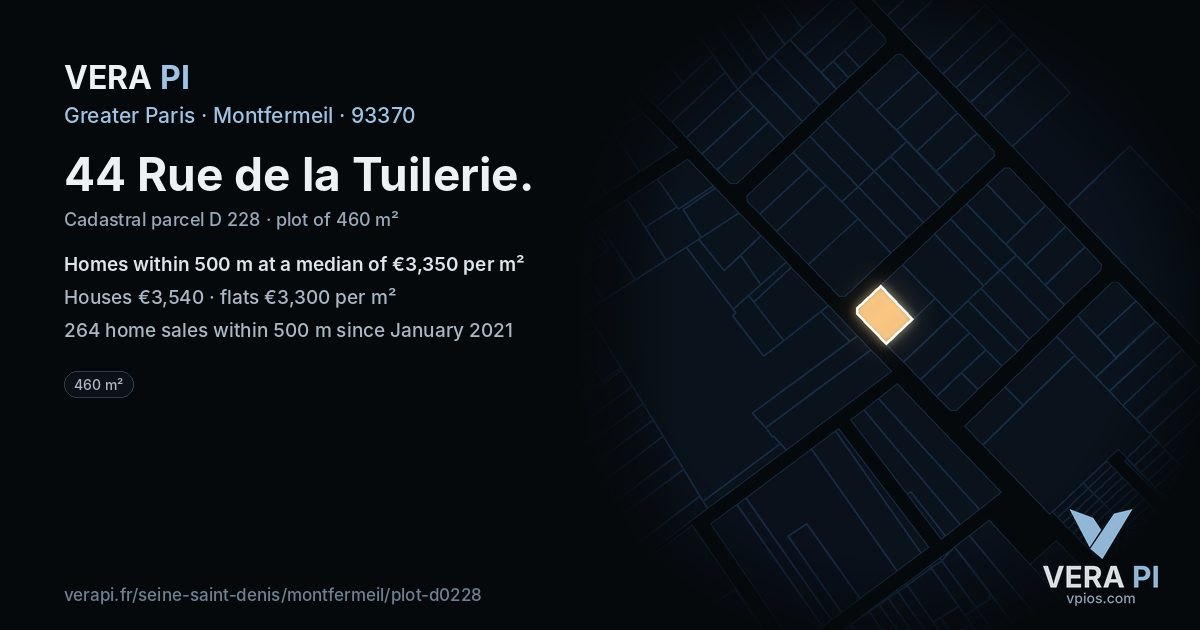 44 Rue de la Tuilerie, Montfermeil at night – the plot lit, the parcels around coloured by the prices near them