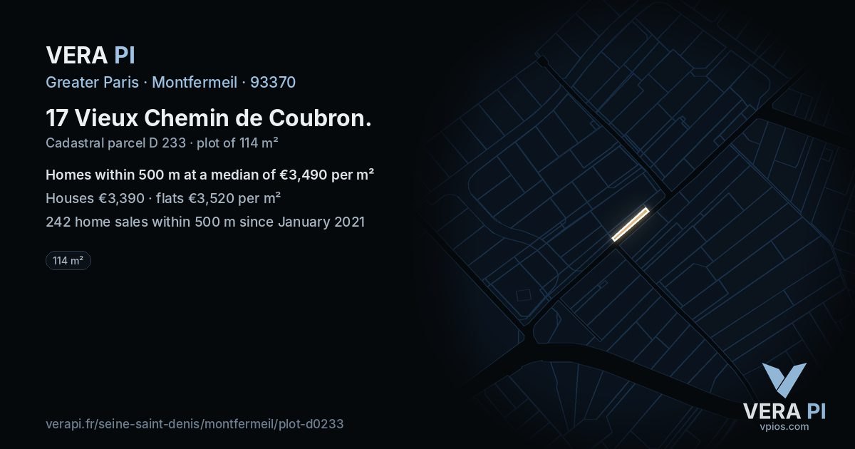 17 Vieux Chemin de Coubron, Montfermeil at night – the plot lit, the parcels around coloured by the prices near them