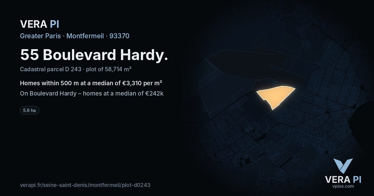 55 Boulevard Hardy, Montfermeil at night – the plot lit, the parcels around coloured by the prices near them