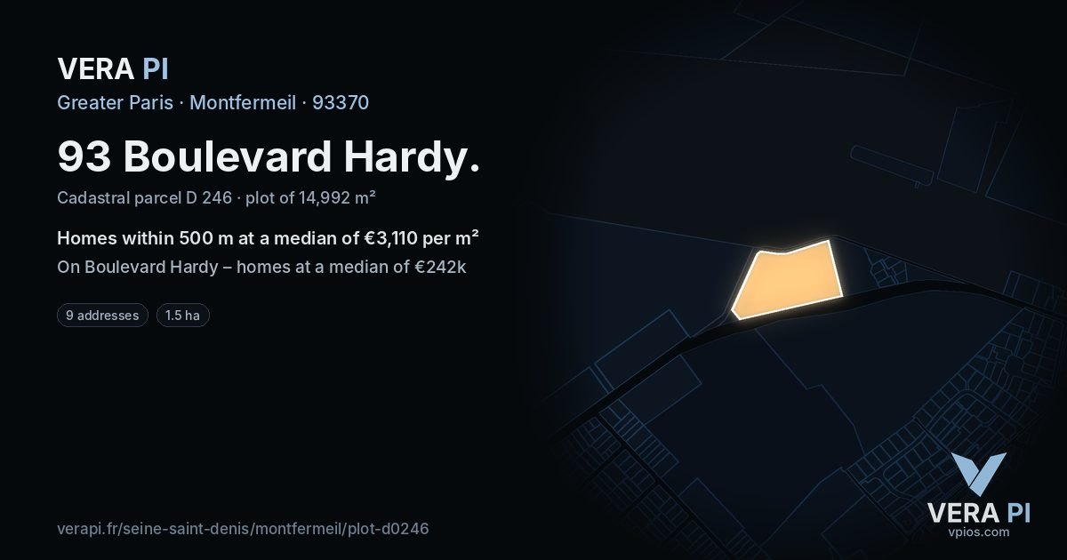 93 Boulevard Hardy, Montfermeil at night – the plot lit, the parcels around coloured by the prices near them