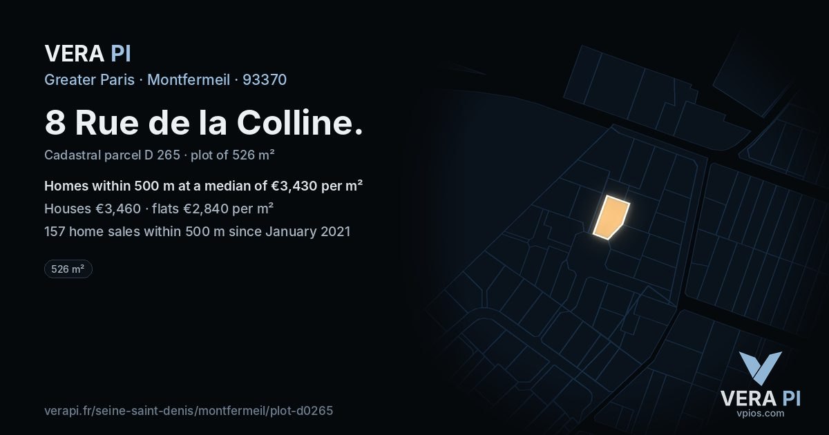 8 Rue de la Colline, Montfermeil at night – the plot lit, the parcels around coloured by the prices near them