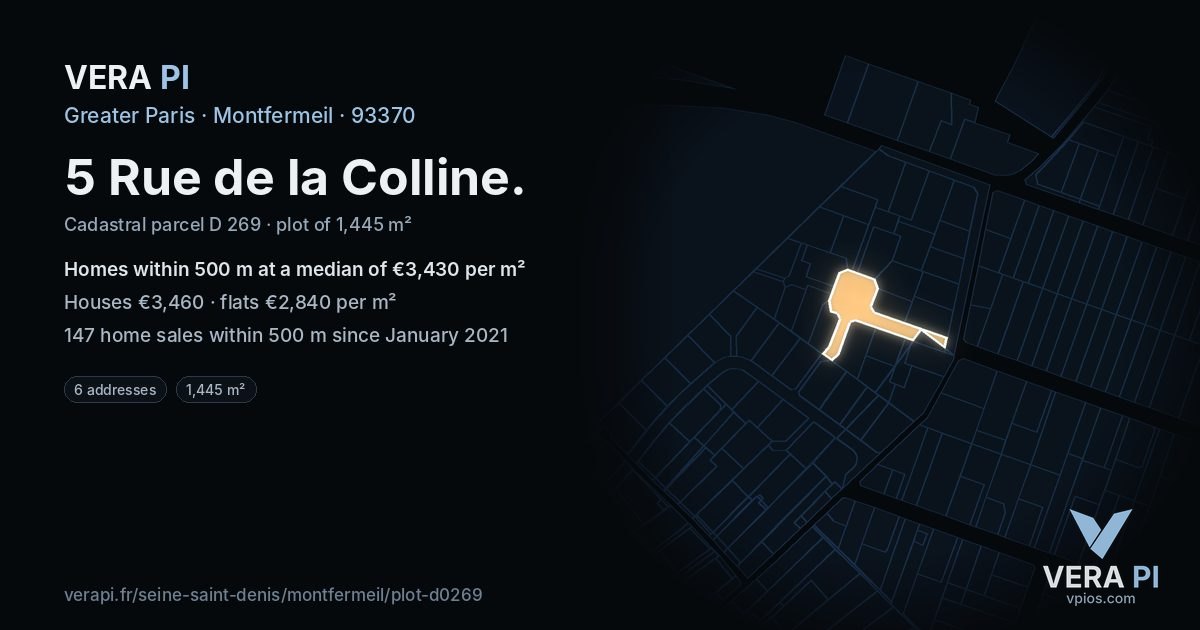 5 Rue de la Colline, Montfermeil at night – the plot lit, the parcels around coloured by the prices near them