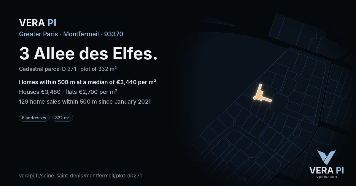 3 Allee des Elfes, Montfermeil at night – the plot lit, the parcels around coloured by the prices near them