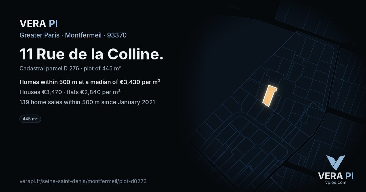 11 Rue de la Colline, Montfermeil at night – the plot lit, the parcels around coloured by the prices near them