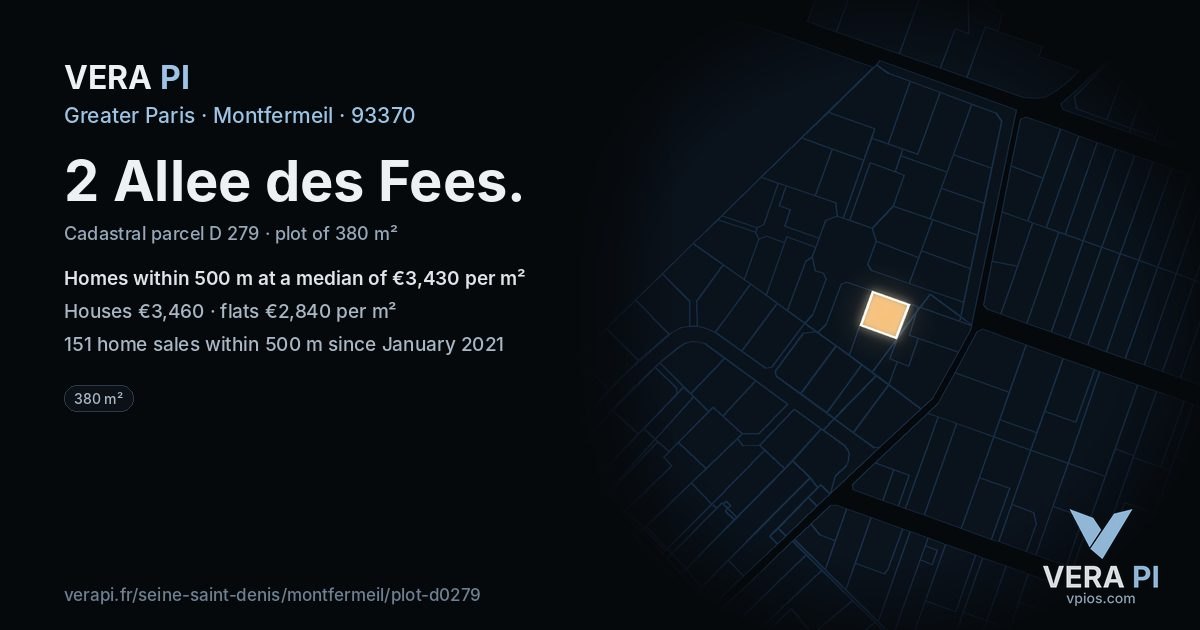 2 Allee des Fees, Montfermeil at night – the plot lit, the parcels around coloured by the prices near them