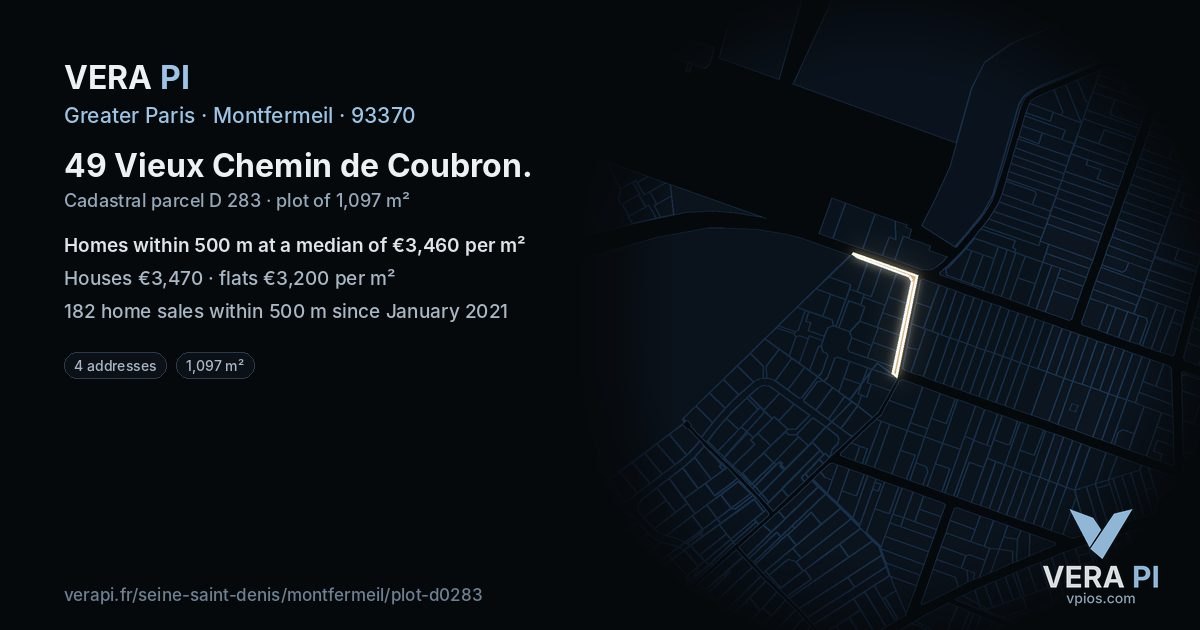 49 Vieux Chemin de Coubron, Montfermeil at night – the plot lit, the parcels around coloured by the prices near them