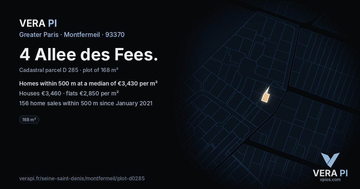 4 Allee des Fees, Montfermeil at night – the plot lit, the parcels around coloured by the prices near them