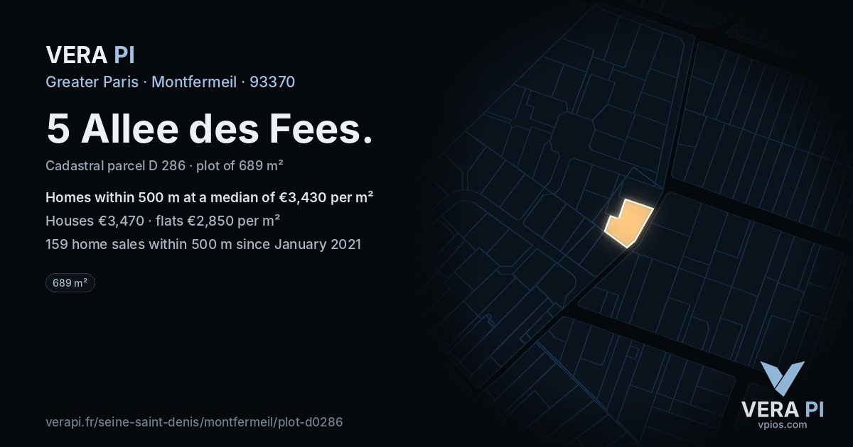 5 Allee des Fees, Montfermeil at night – the plot lit, the parcels around coloured by the prices near them