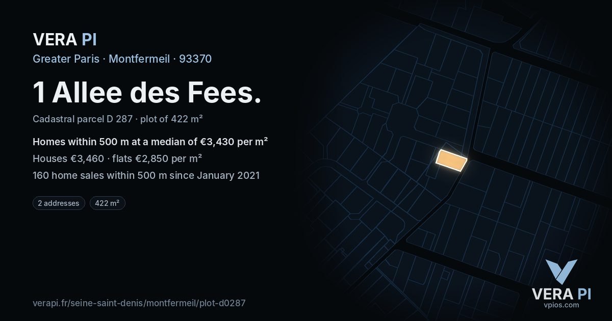 1 Allee des Fees, Montfermeil at night – the plot lit, the parcels around coloured by the prices near them