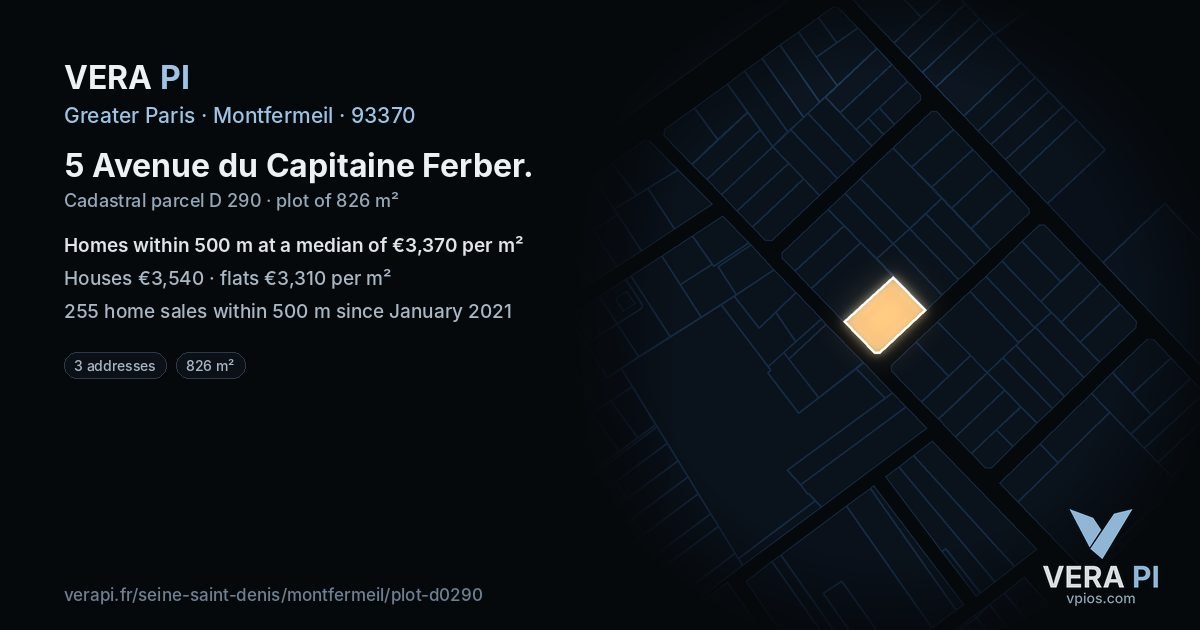 5 Avenue du Capitaine Ferber, Montfermeil at night – the plot lit, the parcels around coloured by the prices near them