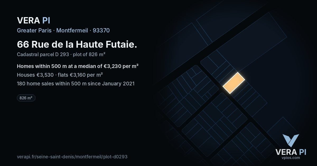 66 Rue de la Haute Futaie, Montfermeil at night – the plot lit, the parcels around coloured by the prices near them