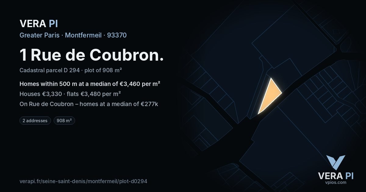 1 Rue de Coubron, Montfermeil at night – the plot lit, the parcels around coloured by the prices near them