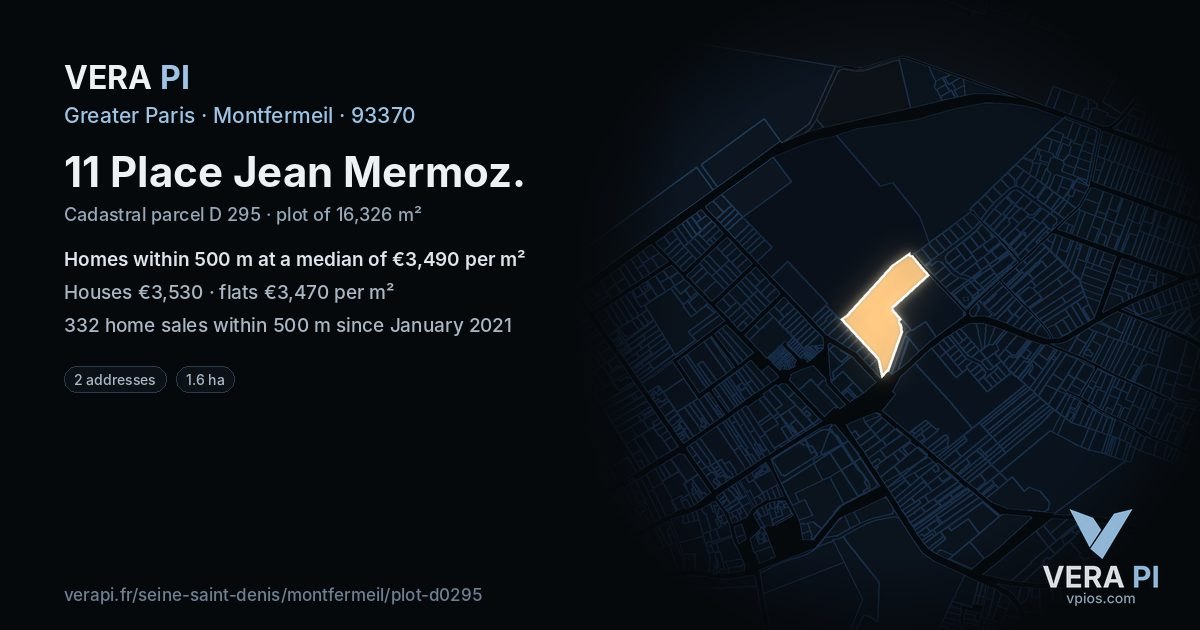11 Place Jean Mermoz, Montfermeil at night – the plot lit, the parcels around coloured by the prices near them