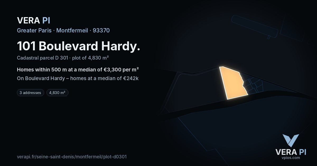 101 Boulevard Hardy, Montfermeil at night – the plot lit, the parcels around coloured by the prices near them