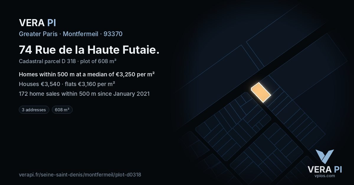 74 Rue de la Haute Futaie, Montfermeil at night – the plot lit, the parcels around coloured by the prices near them