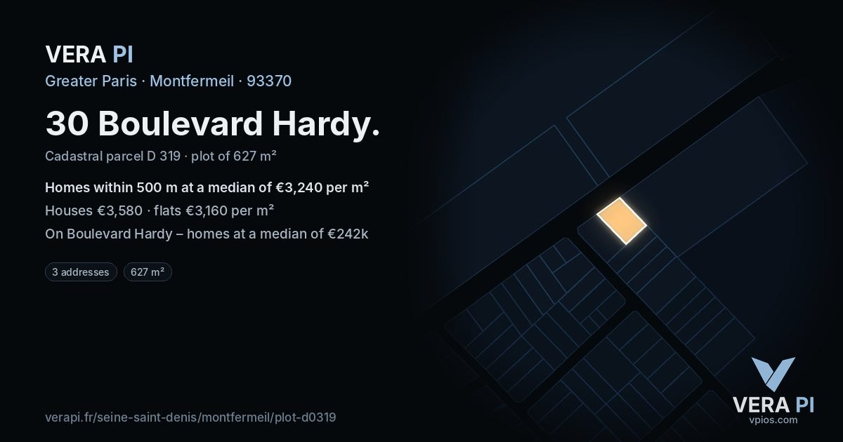 30 Boulevard Hardy, Montfermeil at night – the plot lit, the parcels around coloured by the prices near them