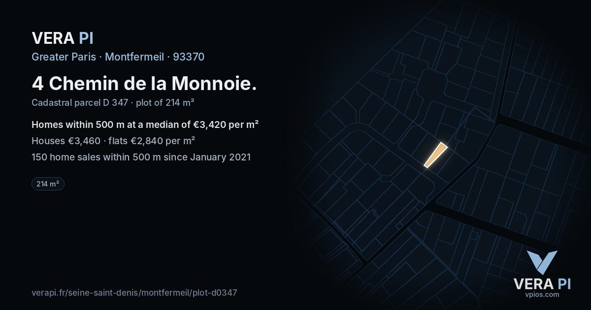 4 Chemin de la Monnoie, Montfermeil at night – the plot lit, the parcels around coloured by the prices near them