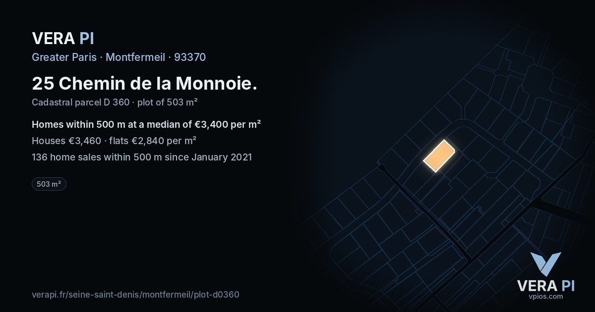25 Chemin de la Monnoie, Montfermeil at night – the plot lit, the parcels around coloured by the prices near them