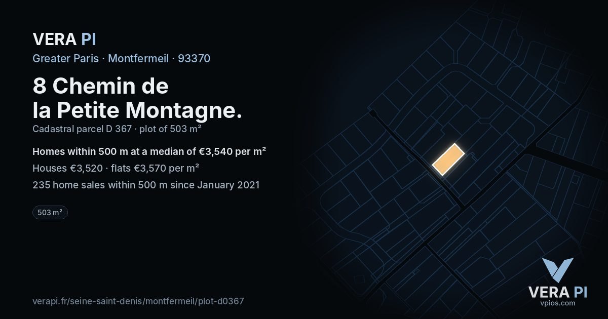 8 Chemin de la Petite Montagne, Montfermeil at night – the plot lit, the parcels around coloured by the prices near them