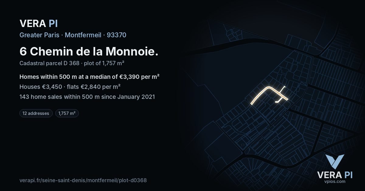 6 Chemin de la Monnoie, Montfermeil at night – the plot lit, the parcels around coloured by the prices near them